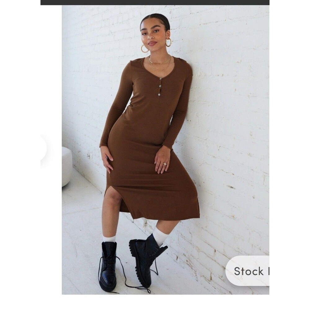 Ingrid & Isabel Brown Rib Knit Midi Dress S Maternity Stretch USA Lounge Cozy